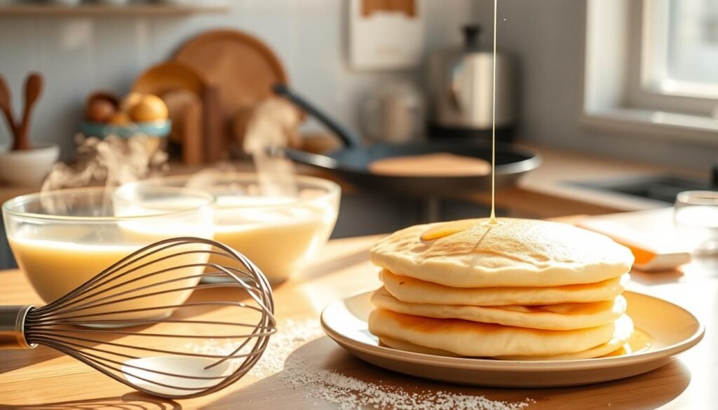 A sun-drenched kitchen countertop, with a stack of fluffy Japanese souffle pancakes at the center. In the foreground, a whisk and a mixing bowl filled with batter, gently steaming. In the middle, a skillet sizzling with fresh pancakes, their golden-brown tops glistening. In the background, a dusting of powdered sugar and a drizzle of maple syrup, conveying the light and airy texture of these delectable treats. Warm, inviting lighting casts a soft glow, capturing the artisanal process of creating these delightful pancakes step-by-step.
