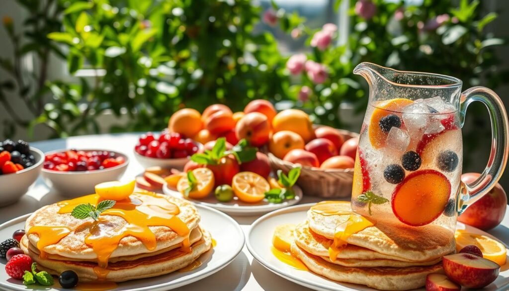 A sun-drenched kitchen table overflows with a vibrant array of seasonal fruits - juicy berries, crisp apples, ripe peaches, and fragrant citrus. In the foreground, a platter of fluffy pancakes, drizzled with golden honey and adorned with fresh mint sprigs. Beside it, a glass pitcher brimming with chilled fruit-infused water, condensation glistening in the warm morning light. In the background, lush greenery frames the scene, casting soft, natural shadows. The atmosphere is one of relaxed abundance, inviting the viewer to savor the flavors of a bountiful summer morning.