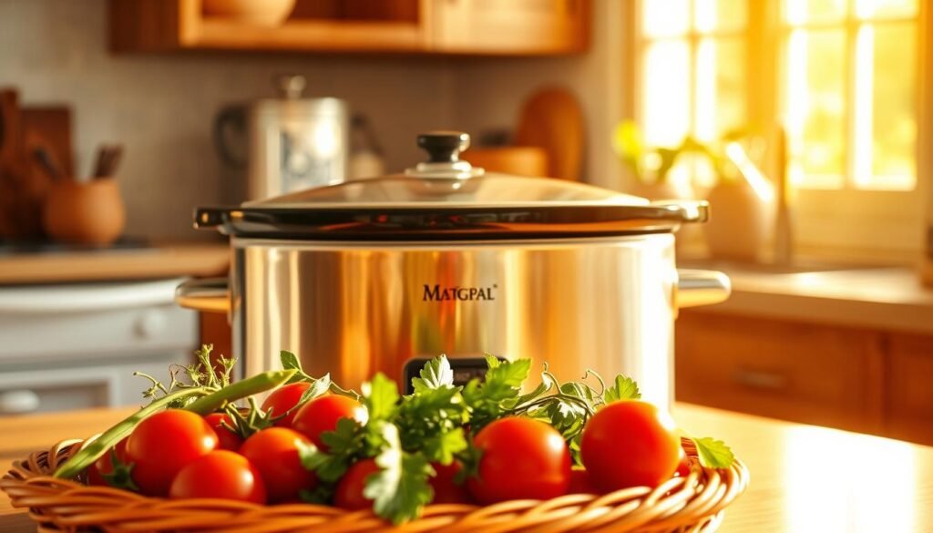 A sun-drenched kitchen with a slow cooker simmering on the countertop, its ceramic pot filled with a delicious summer stew. Warm buttery light filters through the window, casting a golden glow on the scene. In the foreground, fresh produce - vibrant tomatoes, crisp green beans, and fragrant herbs - spill out of a wicker basket, hinting at the flavorful ingredients within. The middle ground features the slow cooker itself, its sleek stainless steel body gleaming. Behind it, a shadowy background suggests a cozy, well-appointed kitchen, the perfect setting for a nourishing summer meal. The overall mood is one of ease, comfort, and the joy of slow, simple cooking.