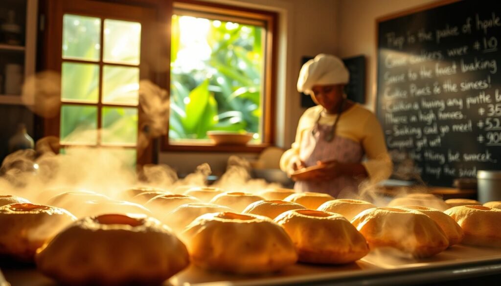 A sunlit Caribbean kitchen, steam rising from a tray of freshly baked goods. In the foreground, delicate pastries glisten with a hint of condensation, their tender crumb a testament to the island's humid climate. Mist-shrouded windows frame the scene, revealing lush tropical foliage beyond. Mid-ground, a baker in traditional dress carefully measures ingredients, her movements fluid and practiced. Warm lighting casts a golden glow, accentuating the rich colors of spices and fruits. In the background, a chalkboard displays notes on the science of baking in high-humidity environments, offering insights into the unique challenges and techniques of Caribbean confectionery.