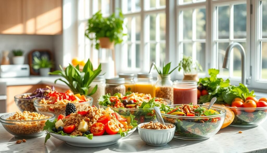 A sunlit kitchen counter, adorned with a vibrant arrangement of energy-boosting lunch options. In the foreground, a mix of colorful salads, protein-packed bowls, and nutrient-dense smoothies. Whole grains, lean proteins, and fresh produce take center stage, radiating a sense of vitality. In the middle ground, jars of homemade dressings, seeds, and nuts add pops of texture and flavor. The background features large windows, letting natural light flood the scene, creating a warm, inviting atmosphere. The overall composition evokes a sense of balance, nourishment, and a desire to fuel the body with wholesome, energizing options beyond the typical sandwich.