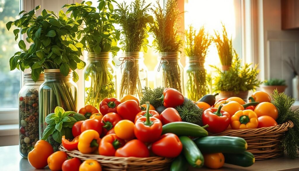A sunlit kitchen counter overflowing with an array of vibrant summer vegetables and fragrant herbs. In the foreground, colorful heirloom tomatoes, bell peppers, and zucchini spill out of a rustic woven basket. Towering behind them, bunches of lush basil, thyme, and rosemary stand tall in glass jars, their leaves gently swaying. The warm glow of natural light streams in from large windows, casting a soft, golden hue across the scene. The overall atmosphere is one of abundance, freshness, and the joyful anticipation of delicious summer recipes.