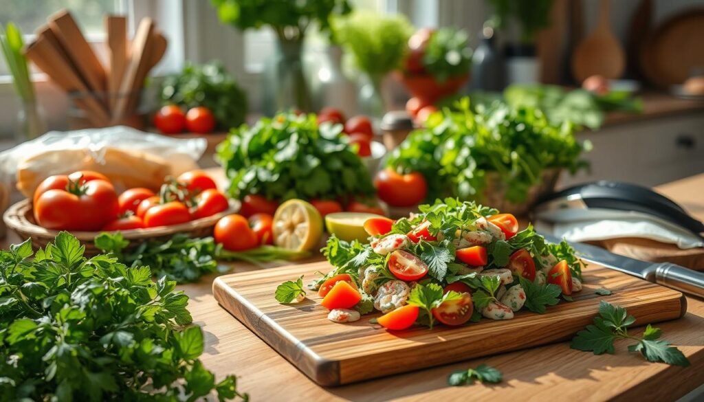 A sunlit kitchen counter overflows with a bountiful array of fresh, vibrant ingredients - crisp greens, juicy tomatoes, vibrant herbs, and succulent seafood. Soft, natural lighting bathes the scene, highlighting the organic textures and colors. In the foreground, a wooden cutting board holds a deftly prepared salad, the ingredients artfully arranged to showcase their inherent beauty. Surrounding the board, an assortment of cooking tools and pristine produce speak to the care and mindfulness of the chef. The overall atmosphere is one of health, abundance, and the pure pleasure of seasonal, homemade cuisine.
