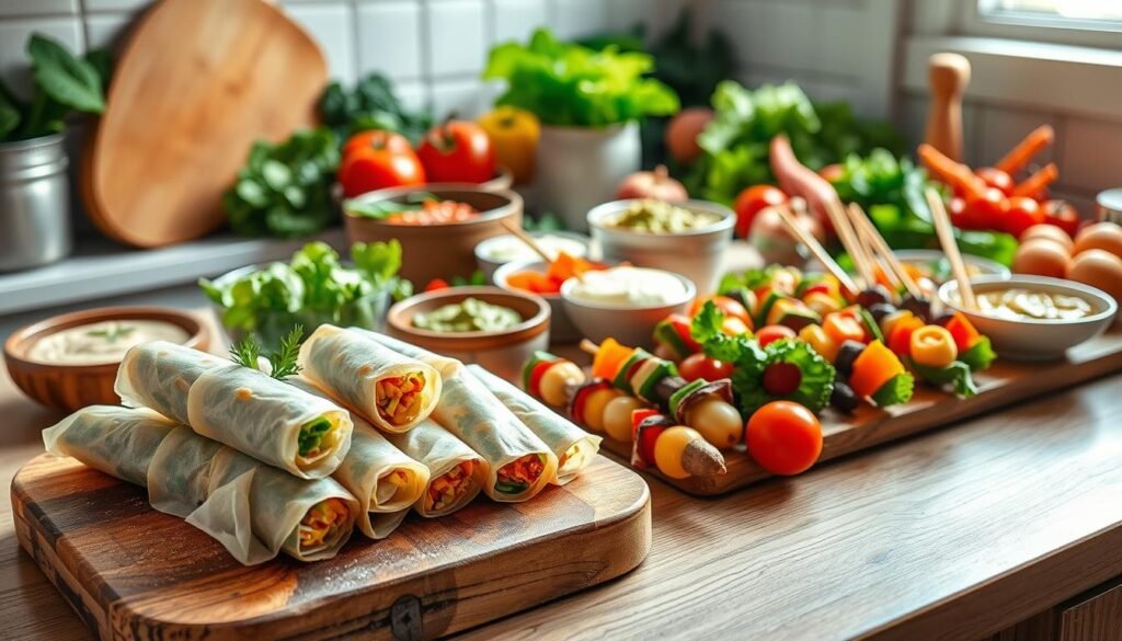 A sunlit kitchen counter overflows with an array of vibrant vegetarian appetizers. In the foreground, delicate spring rolls are nestled on a rustic wooden board, their crisp exterior and fresh fillings inviting. Beside them, a platter of colorful veggie skewers, each one a miniature work of art, stands ready to be enjoyed. In the middle ground, a selection of dips and spreads - hummus, guacamole, and a creamy cashew-based cheese - are arranged with an eye for balance and presentation. The background showcases an assortment of whole produce - leafy greens, juicy tomatoes, and crunchy carrots - hinting at the nutritious foundation of these delectable bites. Soft, even lighting bathes the scene, capturing the warmth and vitality of this welcoming vegetarian gathering.