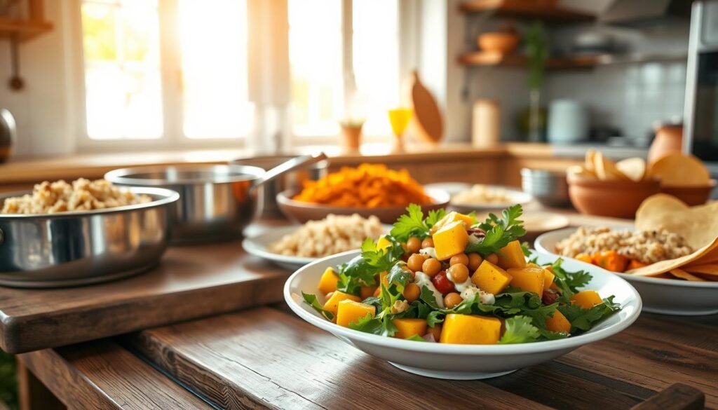 A sunny, airy kitchen scene with an assortment of colorful Indian lunch dishes arranged on a rustic wooden table. In the foreground, a vibrant salad of mixed greens, chickpeas, and fresh mango slices dressed in a tangy yogurt-based dressing. Beside it, a platter of aromatic basmati rice, a vegetable curry with bright orange turmeric sauce, and a side of crisp papadum. Soft, natural lighting filters in through large windows, casting a warm glow on the scene. Stainless steel cookware and terracotta bowls lend an authentic, homemade feel. The overall mood is one of simplicity, freshness, and the comforting flavors of a satisfying Indian midday meal.