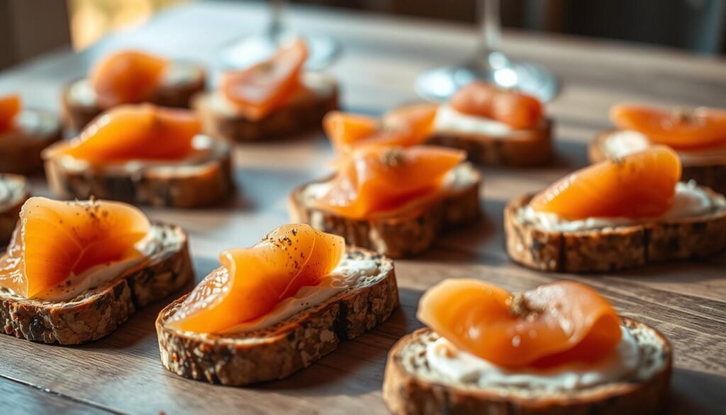 A table set with artfully arranged slices of rye bread, each topped with a delicate slice of smoked salmon. The soft, earthy tones of the bread complement the vibrant orange hue of the salmon, creating a visually appealing and appetizing display. The lighting is warm and natural, casting a subtle glow on the scene, highlighting the textures and drawing the viewer's eye to the carefully crafted canapés. The background is slightly blurred, keeping the focus on the elegant presentation of this classic smoked salmon appetizer. A table set with artfully arranged slices of rye bread, each topped with a delicate slice of smoked salmon. The soft, earthy tones of the bread complement the vibrant orange hue of the salmon, creating a visually appealing and appetizing display. The lighting is warm and natural, casting a subtle glow on the scene, highlighting the textures and drawing the viewer's eye to the carefully crafted canapés. The background is slightly blurred, keeping the focus on the elegant presentation of this classic smoked salmon appetizer.