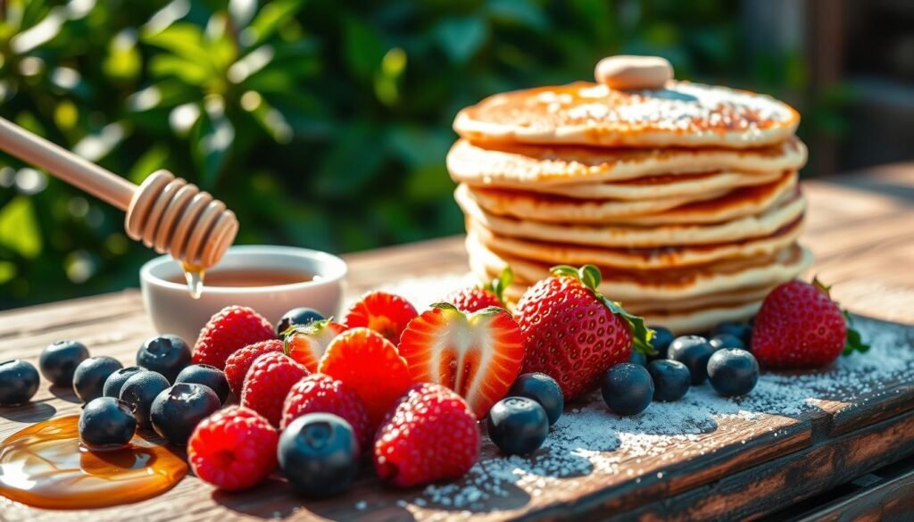 A tempting array of delectable pancake toppings arranged on a rustic wooden table, bathed in warm, natural lighting. In the foreground, a selection of fresh berries - plump blueberries, juicy raspberries, and vibrant strawberries - glistening with morning dew. Beside them, a drizzle of golden honey and a dusting of powdered sugar, creating a visually striking contrast. In the middle ground, a stack of fluffy, golden-brown Japanese pancakes, ready to be adorned with these tantalizing accoutrements. The background features a backdrop of lush greenery, hinting at the wholesome, organic nature of the scene. The overall composition evokes a sense of culinary artistry and the joy of a leisurely breakfast.