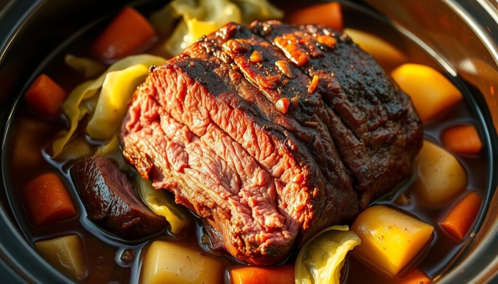 A tender, slow-cooked corned beef brisket nestled atop a bed of luscious green cabbage, golden potatoes, and fragrant carrots, simmered in a rich, savory broth. The meat glistens with the caramelized crust, while the vegetables release their earthy aroma, creating a comforting and inviting scene. The lighting is warm and natural, casting a soft glow that enhances the rustic, homemade appeal. The camera angle is a three-quarter view, capturing the depth and texture of the dish, showcasing its hearty and satisfying presentation. This classic slow cooker dish exudes the cozy, nostalgic charm of a traditional Irish-American meal, perfect for a comforting and nourishing family dinner.