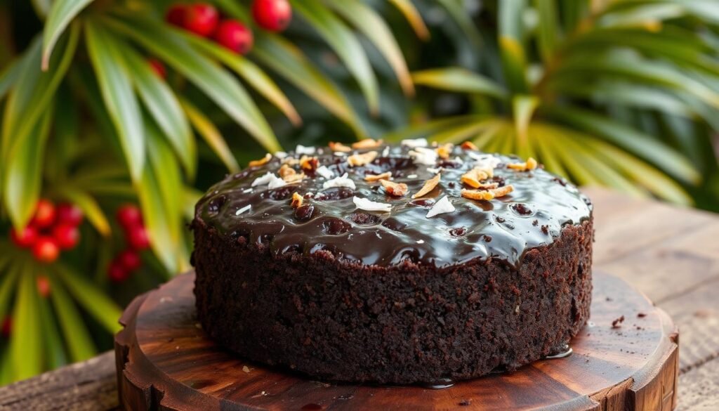 A traditional Caribbean black cake, a dense, moist fruitcake bursting with aromatic spices and rum-soaked dried fruits, sits on a rustic wooden table against a backdrop of lush, tropical foliage. The cake is adorned with a glossy, dark glaze and sprinkled with toasted coconut flakes, casting a warm, inviting glow under soft, diffused lighting. The scene evokes a sense of festive celebration and rich cultural heritage, perfectly capturing the essence of "Seasonal Caribbean Baking: Celebrating with Traditional Sweets".