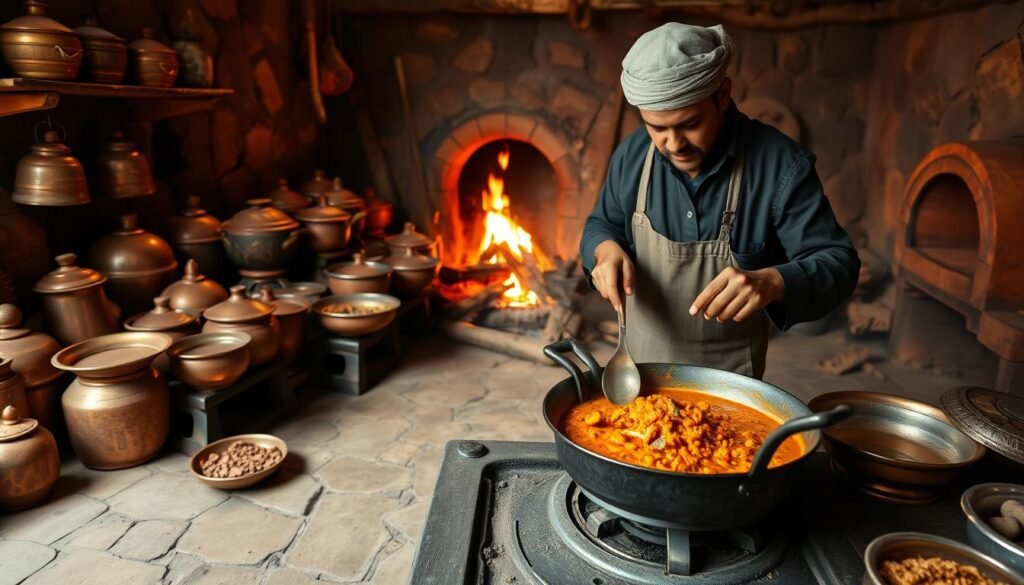 A traditional Indian kitchen scene with a warm, earthy ambiance. In the foreground, a skilled cook carefully prepares a fragrant curry, using a classic cast-iron pot and traditional spices. The middle ground features an array of copper pots, brass dishes, and wooden utensils, while the background showcases terracotta clay ovens and an open fire, casting a soft, flickering glow. The composition emphasizes the timeless techniques and tools that have been passed down through generations, creating a sense of cultural heritage and culinary expertise. A traditional Indian kitchen scene with a warm, earthy ambiance. In the foreground, a skilled cook carefully prepares a fragrant curry, using a classic cast-iron pot and traditional spices. The middle ground features an array of copper pots, brass dishes, and wooden utensils, while the background showcases terracotta clay ovens and an open fire, casting a soft, flickering glow. The composition emphasizes the timeless techniques and tools that have been passed down through generations, creating a sense of cultural heritage and culinary expertise.