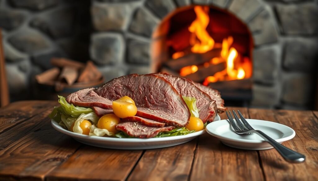 A traditional Irish corned beef and cabbage dish, set against a warm, cozy backdrop. In the foreground, thick slices of tender, salty corned beef sit atop a bed of vibrant, steaming cabbage, accompanied by small golden potatoes. The middle ground features a wooden table, its surface worn and weathered, with a simple place setting of a white ceramic plate and a pewter fork and knife. In the background, a stone fireplace crackles, casting a soft, amber glow throughout the scene. The lighting is soft and diffused, creating a comforting, homey atmosphere. The entire composition evokes the hearty, comforting flavors of an authentic Irish meal, ready to be savored.