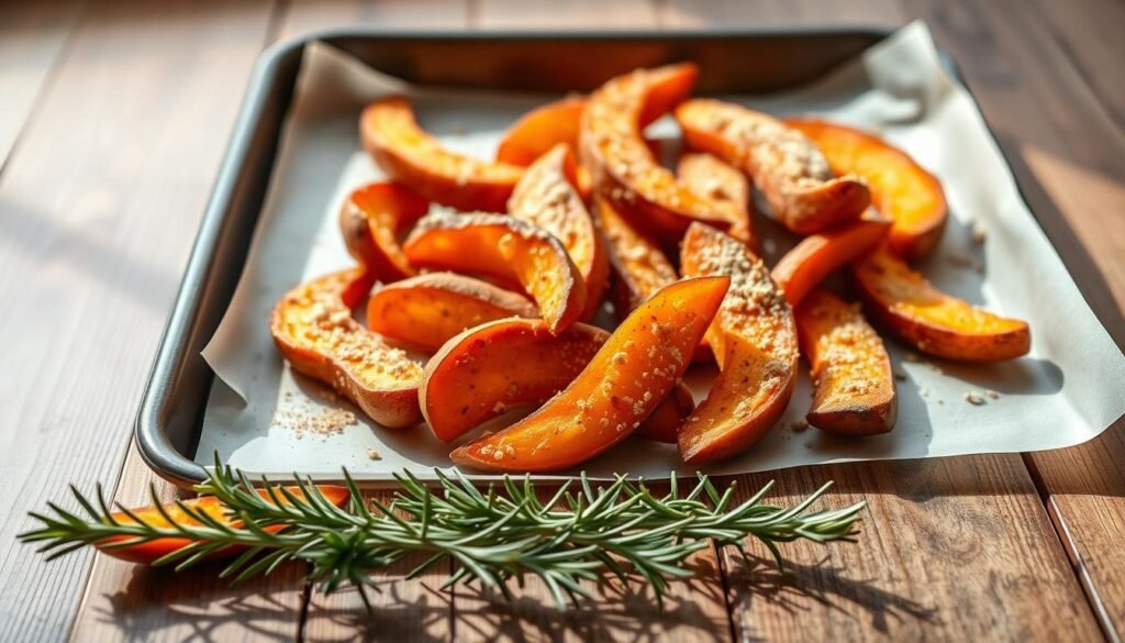 A tray of freshly baked Japanese sweet potato snacks, artfully arranged on a rustic wooden surface. The vibrant, caramelized sweet potato wedges are sprinkled with a light dusting of cinnamon and brown sugar, emitting a warm, inviting aroma. The snacks are backlit by soft, natural light, casting gentle shadows that accentuate their enticing texture. In the foreground, a few sprigs of rosemary add a touch of earthy elegance, while the background features a neutral, minimalist setting, allowing the sweet potato treats to take center stage. The overall scene exudes a cozy, homemade feel, perfectly capturing the essence of enjoying these delightful Japanese sweet potato creations.