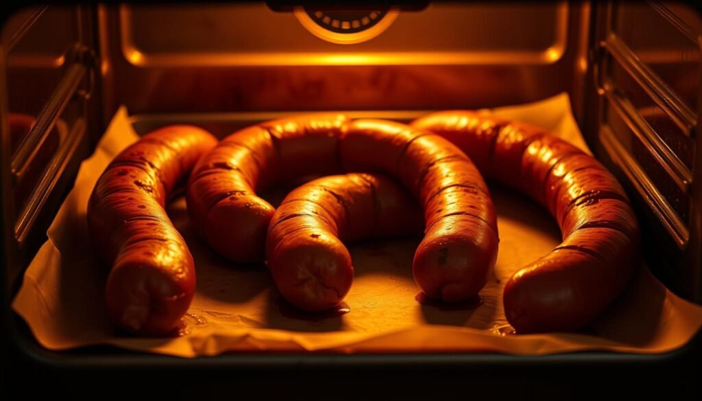 A tray of plump, juicy breakfast sausages sizzling in a well-heated oven, bathed in a soft, golden glow. The sausages sit atop a bed of parchment paper, their casings lightly charred and glistening with natural juices. The oven interior is dimly lit, casting long shadows that accentuate the sausages' voluptuous curves. The scene exudes the comforting aroma of herbs and spices, hinting at the flavors to come. A subtle vignette effect adds depth and draws the eye towards the central sausages, emphasizing their prominence as the star of this classic homemade breakfast spread.
