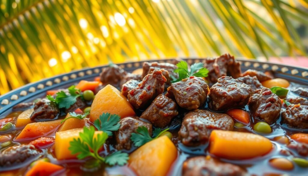 A vibrant Caribbean beef stew bursting with color and flavor. In the foreground, tender chunks of beef simmer in a rich, aromatic broth infused with allspice, thyme, and scotch bonnet peppers. Surrounding the beef, a medley of vibrant vegetables - carrots, potatoes, and peas - add texture and depth. The middle ground features a scattering of fresh cilantro leaves, while the background showcases a warm, tropical setting with lush palm fronds swaying gently in the soft, golden light. The overall scene conveys a sense of comfort and indulgence, perfect for a cozy evening meal.