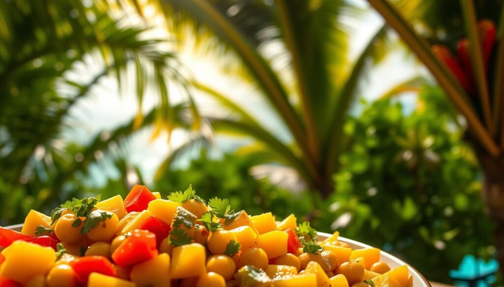 A vibrant Caribbean chickpea salad, bursting with protein and fresh flavors. In the foreground, an artfully arranged mix of chickpeas, diced mango, red bell pepper, and chopped cilantro, all glistening under warm, natural lighting. The middle ground features a backdrop of lush, verdant tropical foliage, casting a gentle, dappled shade. In the distance, a hint of azure Caribbean waters sparkles under a bright, cloudless sky. The overall atmosphere is one of healthy, energizing nourishment, perfect for a protein-packed summer salad.