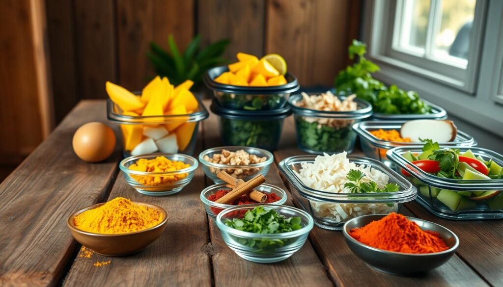 A vibrant Caribbean meal prep scene unfolds on a rustic wooden table. In the foreground, an array of colorful spices and seasonings - turmeric, paprika, cumin, cinnamon sticks - are carefully arranged in small bowls. In the middle ground, several sleek, modern meal prep containers hold an assortment of fresh ingredients - juicy mango chunks, tender coconut shreds, fragrant cilantro leaves, and more. Warm, natural lighting from an unseen window casts a soft glow over the scene, evoking the laidback island vibe. The composition is clean and uncluttered, allowing the rich colors and textures of the Caribbean meal prep essentials to shine.