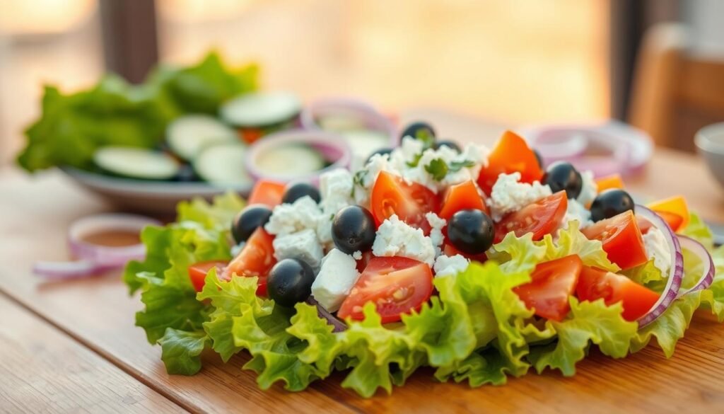 A vibrant Greek salad sits atop a wooden table, with a mouthwatering array of fresh ingredients. In the foreground, crisp romaine lettuce is adorned with juicy cherry tomatoes, briny Kalamata olives, and crumbled feta cheese. The middle ground features sliced cucumbers and red onion rings, while the background is softly blurred, allowing the salad to take center stage. The lighting is natural and warm, casting a golden glow over the scene, evoking the sunny Mediterranean atmosphere. The overall composition is balanced and inviting, perfectly capturing the essence of a simple yet flavorful Mediterranean-inspired dish.