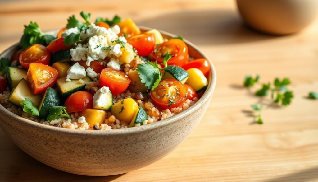 A vibrant Mediterranean diet dinner bowl, filled with a colorful array of fresh ingredients. In the foreground, a base of steaming quinoa or bulgur wheat, surrounded by roasted vegetables - zucchini, bell peppers, cherry tomatoes, and artichoke hearts. Drizzled with a tangy lemon-garlic dressing, with a sprinkle of feta cheese and fresh herbs like parsley and oregano. In the background, a neutral-toned ceramic bowl set against a minimalist wooden table, bathed in soft, natural lighting. The overall atmosphere is one of nourishment, balance, and the vibrant flavors of the Mediterranean cuisine.
