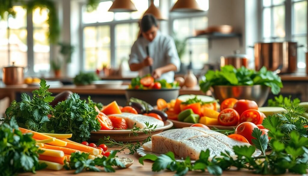 A vibrant Mediterranean-inspired scene, capturing a variety of gluten-free recipes. In the foreground, a table laden with fresh ingredients - crisp vegetables, fragrant herbs, and flaky fish fillets. Soft, diffused lighting creates a warm, inviting atmosphere. In the middle ground, a chef carefully preparing a colorful salad, their movements graceful and deliberate. The background features an open kitchen, with gleaming copper pots and pans reflecting the natural light streaming in through large windows. The overall composition conveys a sense of health, harmony, and the joyful celebration of Mediterranean culinary traditions, tailored to accommodate dietary needs.