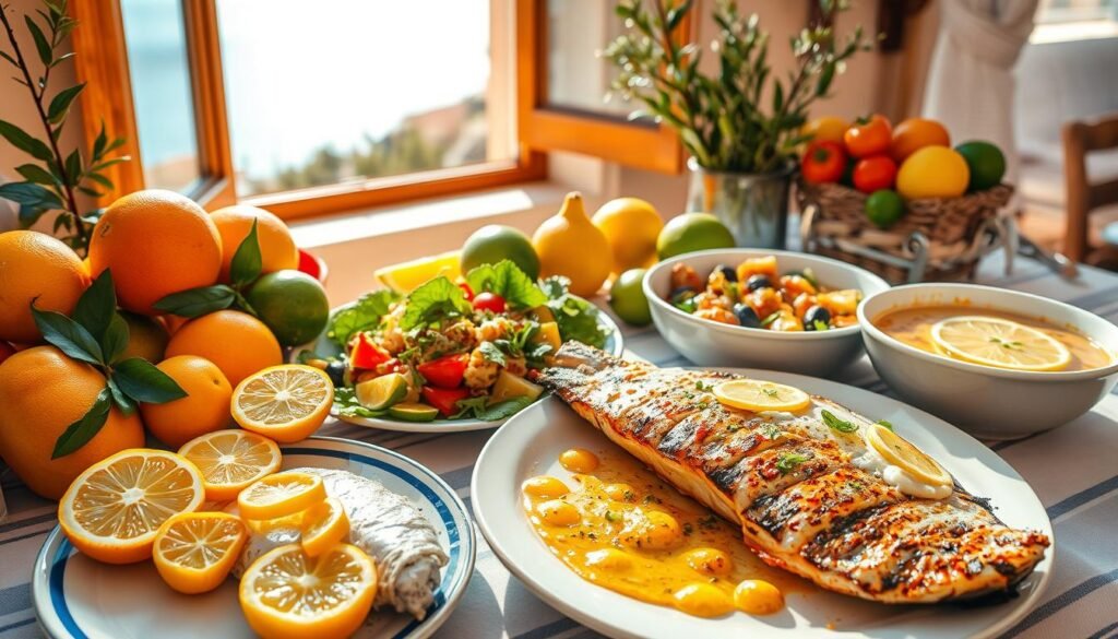 A vibrant Mediterranean-inspired scene comes to life: a table adorned with an array of fresh citrus fruits - juicy oranges, vibrant lemons, and tangy limes - alongside a selection of traditional dishes. In the foreground, a platter of grilled fish, its flaky white flesh drizzled with a zesty lemon-garlic sauce. Alongside, a colorful salad of mixed greens, tomatoes, and olives, garnished with shredded basil leaves. In the middle ground, a steaming bowl of fragrant seafood stew, its broth tinged with the essence of saffron and the tang of fresh citrus. In the background, a window overlooking a sun-dappled Mediterranean landscape, complete with azure blue waters and the silhouettes of distant olive trees. The entire scene is bathed in a warm, golden light, capturing the vibrant flavors and aromas of the Mediterranean.