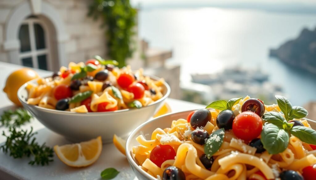 A vibrant Mediterranean-inspired scene unfolds, showcasing a trio of artfully arranged pasta bowls. The foreground features a close-up of the bowls, brimming with a colorful medley of penne, linguine, and farfalle noodles, tossed in a light, creamy sauce accented by vibrant cherry tomatoes, sliced kalamata olives, and fragrant basil leaves. The middle ground includes a scattering of fresh herbs, a wedge of lemon, and a sprinkling of grated Parmesan cheese, adding depth and texture to the composition. The background depicts a sun-drenched Mediterranean landscape, with a soft, hazy glow illuminating the scene and evoking a warm, summery atmosphere. The overall image exudes a sense of freshness, inviting the viewer to indulge in the perfect summer pasta salad. A vibrant Mediterranean-inspired scene unfolds, showcasing a trio of artfully arranged pasta bowls. The foreground features a close-up of the bowls, brimming with a colorful medley of penne, linguine, and farfalle noodles, tossed in a light, creamy sauce accented by vibrant cherry tomatoes, sliced kalamata olives, and fragrant basil leaves. The middle ground includes a scattering of fresh herbs, a wedge of lemon, and a sprinkling of grated Parmesan cheese, adding depth and texture to the composition. The background depicts a sun-drenched Mediterranean landscape, with a soft, hazy glow illuminating the scene and evoking a warm, summery atmosphere. The overall image exudes a sense of freshness, inviting the viewer to indulge in the perfect summer pasta salad.
