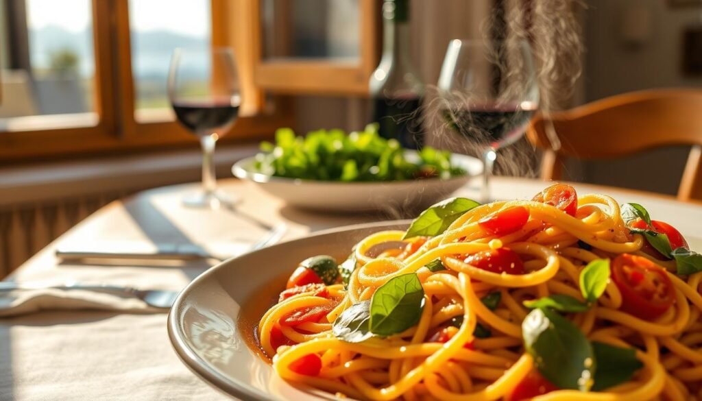 A vibrant Mediterranean pasta dinner scene, captured in warm, natural lighting. In the foreground, a steaming plate of freshly cooked pasta, tossed with a medley of ripe tomatoes, zucchini, and fragrant basil leaves. Delicate strands of spaghetti or penne are coated in a rich, creamy sauce, perhaps infused with garlic, olive oil, and a hint of lemon. In the middle ground, a wooden table set with a crisp, white linen tablecloth, accompanied by a carafe of robust red wine and a simple green salad, its leaves glistening with a light vinaigrette. The background features an open window, allowing the gentle breeze of the Mediterranean to waft through, carrying the aroma of the sun-kissed meal. The overall atmosphere is one of simplicity, comfort, and the celebration of fresh, local ingredients.
