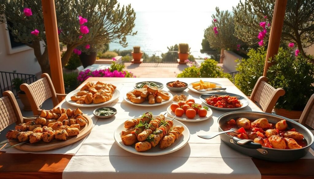 A vibrant Mediterranean scene with a large wooden table at the center, adorned with a crisp white tablecloth. On the table, a generous spread of delectable chicken dishes - grilled chicken souvlaki, chicken kebabs with fresh herbs, and a sizzling pan of chicken cacciatore. Warm Mediterranean sunlight filters through the scene, casting a golden glow. In the background, a lush garden oasis with olive trees, bougainvillea, and a glimpse of a azure blue sea. The atmosphere is one of casual elegance, inviting you to savor the flavors of a sun-drenched summer afternoon. A vibrant Mediterranean scene with a large wooden table at the center, adorned with a crisp white tablecloth. On the table, a generous spread of delectable chicken dishes - grilled chicken souvlaki, chicken kebabs with fresh herbs, and a sizzling pan of chicken cacciatore. Warm Mediterranean sunlight filters through the scene, casting a golden glow. In the background, a lush garden oasis with olive trees, bougainvillea, and a glimpse of a azure blue sea. The atmosphere is one of casual elegance, inviting you to savor the flavors of a sun-drenched summer afternoon.