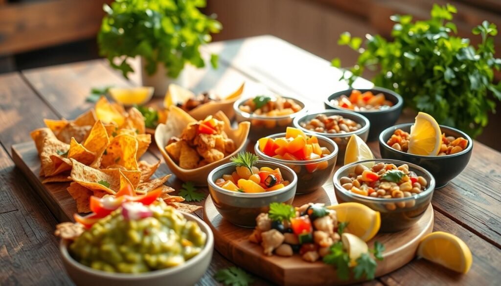 A vibrant Mexican appetizer spread on a rustic wooden table, illuminated by warm natural lighting. In the foreground, a selection of nourishing snacks such as crisp vegetable crudités, fresh guacamole, and colorful salsa with tortilla chips. The middle ground features a variety of healthy fillings - grilled chicken, roasted vegetables, and creamy beans - served in small bowls. In the background, lush green herbs and lemon wedges add a refreshing touch. The scene emanates a relaxed, convivial atmosphere, inviting the viewer to indulge in a wholesome, flavor-packed Mexican dining experience. A vibrant Mexican appetizer spread on a rustic wooden table, illuminated by warm natural lighting. In the foreground, a selection of nourishing snacks such as crisp vegetable crudités, fresh guacamole, and colorful salsa with tortilla chips. The middle ground features a variety of healthy fillings - grilled chicken, roasted vegetables, and creamy beans - served in small bowls. In the background, lush green herbs and lemon wedges add a refreshing touch. The scene emanates a relaxed, convivial atmosphere, inviting the viewer to indulge in a wholesome, flavor-packed Mexican dining experience.