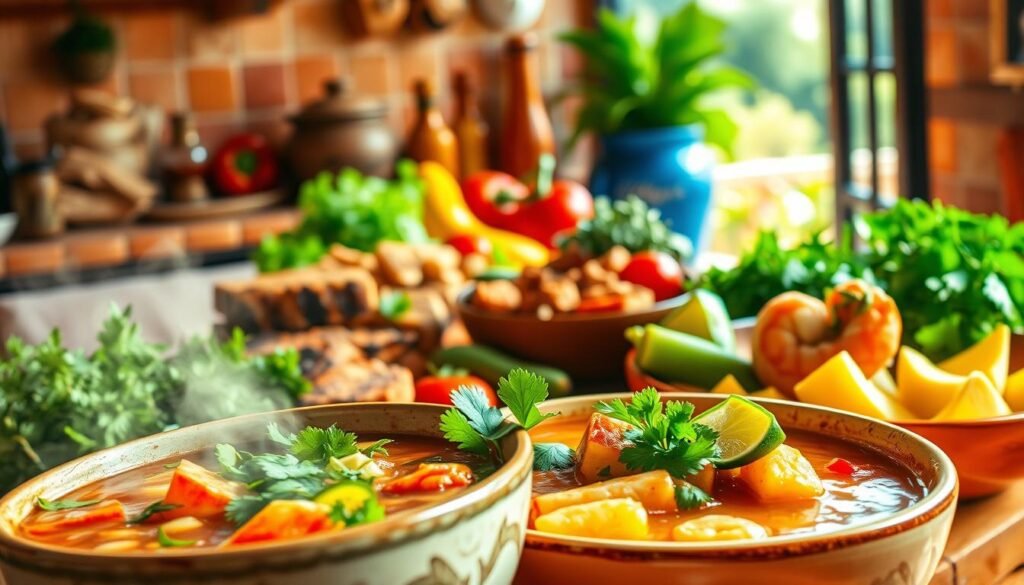 A vibrant Mexican-inspired scene, bathed in warm, natural lighting. In the foreground, a steaming bowl of hearty vegetable and protein-rich soup, garnished with fresh cilantro, diced avocado, and a squeeze of lime. Behind it, a selection of high-protein ingredients such as grilled chicken, sautéed shrimp, and roasted tofu, all beautifully arranged. In the middle ground, an array of colorful vegetables and herbs, including tomatoes, onions, peppers, and fresh oregano. The background features a rustic, adobe-style kitchen setting, with terracotta tiles, copper pots, and a glimpse of a vibrant, sun-drenched outdoor scene beyond an open window. A vibrant Mexican-inspired scene, bathed in warm, natural lighting. In the foreground, a steaming bowl of hearty vegetable and protein-rich soup, garnished with fresh cilantro, diced avocado, and a squeeze of lime. Behind it, a selection of high-protein ingredients such as grilled chicken, sautéed shrimp, and roasted tofu, all beautifully arranged. In the middle ground, an array of colorful vegetables and herbs, including tomatoes, onions, peppers, and fresh oregano. The background features a rustic, adobe-style kitchen setting, with terracotta tiles, copper pots, and a glimpse of a vibrant, sun-drenched outdoor scene beyond an open window.