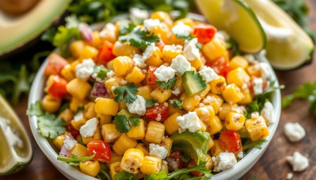 A vibrant Mexican street corn salad takes center stage, with tender kernels of grilled corn tossed in a creamy, tangy dressing. The fresh greens and crisp vegetables create a harmonious balance, while diced avocado and crumbled queso fresco add richness and a touch of creaminess. Vibrant cilantro and a squeeze of lime juice enhance the flavors, creating a delightful and healthy representation of the classic elote. The scene is captured with natural lighting, highlighting the vibrant colors and textures of the salad. The composition features a shallow depth of field, keeping the main elements in focus while softening the background, conveying a sense of warmth and authenticity. A vibrant Mexican street corn salad takes center stage, with tender kernels of grilled corn tossed in a creamy, tangy dressing. The fresh greens and crisp vegetables create a harmonious balance, while diced avocado and crumbled queso fresco add richness and a touch of creaminess. Vibrant cilantro and a squeeze of lime juice enhance the flavors, creating a delightful and healthy representation of the classic elote. The scene is captured with natural lighting, highlighting the vibrant colors and textures of the salad. The composition features a shallow depth of field, keeping the main elements in focus while softening the background, conveying a sense of warmth and authenticity.