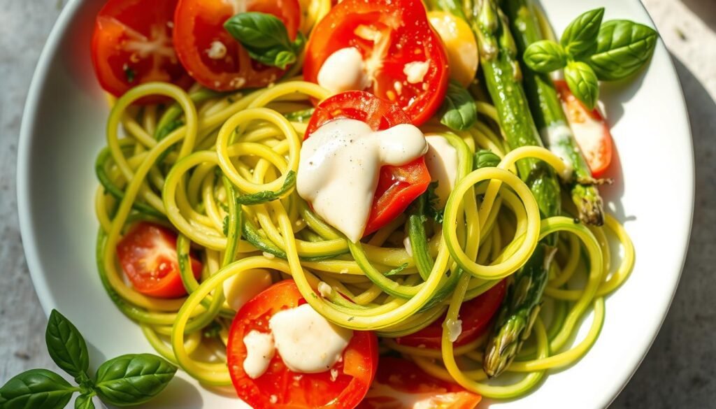 A vibrant and appetizing close-up shot of a plate of zucchini noodles with a variety of fresh summer vegetables, herbs, and a light, creamy sauce. The zucchini noodles are perfectly al dente, with a lively green color and a delicate, spiral shape. Surrounding the noodles are slices of juicy tomatoes, tender asparagus spears, and fragrant basil leaves. A drizzle of a tangy, low-calorie sauce adds a flavorful accent. Soft, natural lighting from the side creates subtle shadows and highlights the textures of the ingredients. The overall composition is clean, balanced, and emphasizes the healthy, low-carb nature of the dish. A vibrant and appetizing close-up shot of a plate of zucchini noodles with a variety of fresh summer vegetables, herbs, and a light, creamy sauce. The zucchini noodles are perfectly al dente, with a lively green color and a delicate, spiral shape. Surrounding the noodles are slices of juicy tomatoes, tender asparagus spears, and fragrant basil leaves. A drizzle of a tangy, low-calorie sauce adds a flavorful accent. Soft, natural lighting from the side creates subtle shadows and highlights the textures of the ingredients. The overall composition is clean, balanced, and emphasizes the healthy, low-carb nature of the dish.
