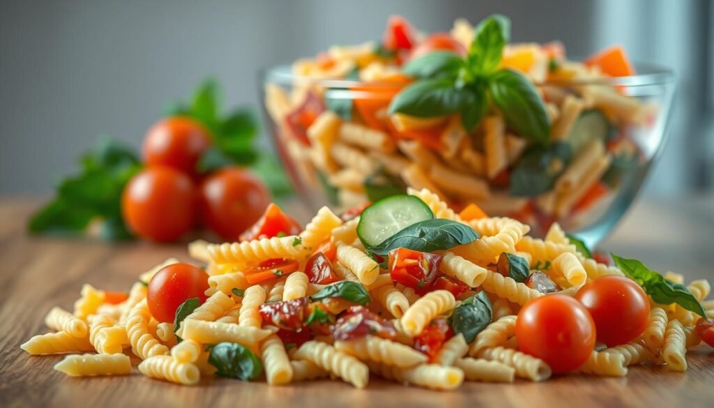 A vibrant and appetizing pasta salad, with a variety of fresh vegetables and herbs, tossed in a light, tangy dressing. The salad is artfully arranged on a wooden table, with a soft, natural lighting highlighting the textures and colors. In the foreground, different types of pasta, such as fusilli and penne, are mixed with cherry tomatoes, cucumber slices, shredded carrots, and fresh basil leaves. The middle ground features a glass bowl filled with the pasta salad, casting a subtle, inviting glow. The background is softly blurred, creating a sense of focus on the delectable dish. The overall composition evokes a homemade, wholesome, and visually appealing pasta salad that would be perfect for a lunchbox or picnic.