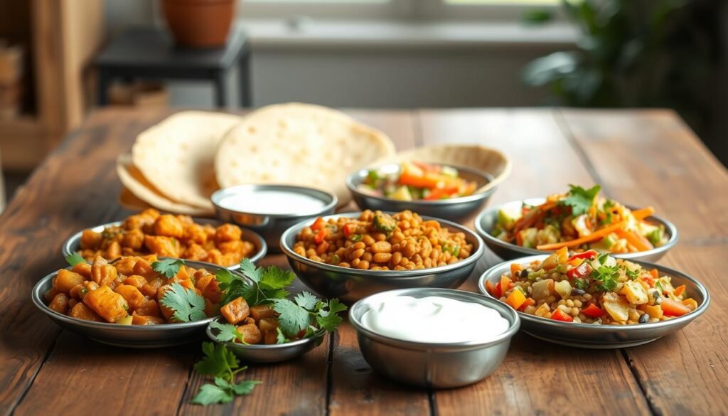 A vibrant and appetizing spread of low-calorie Indian lunch recipes, artfully arranged on a rustic wooden table. In the foreground, an array of freshly prepared dishes, including a fragrant vegetable curry, a spicy lentil stew, and a colorful mixed vegetable salad. The middle ground features neatly folded chapatis and a small bowl of raita, adding texture and balance to the composition. The background is softly lit, with natural sunlight filtering through a window, creating a warm and inviting atmosphere. The overall scene radiates a sense of healthy, flavorful, and satisfying Indian cuisine, perfect for a quick and nutritious lunchtime meal.