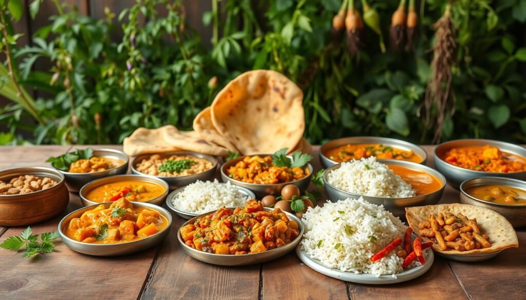 A vibrant and appetizing spread of vegetarian Indian lunch dishes, artfully arranged on a rustic wooden table. In the foreground, a colorful assortment of curries, dals, and rice dishes, each with its own distinctive flavors and textures. The middle ground features a selection of freshly baked naan and chapati, steam gently rising. In the background, a lush, verdant backdrop of spice plants and herbs, evoking the essence of an Indian kitchen garden. The lighting is warm and natural, casting a gentle glow on the scene. The overall atmosphere is one of wholesome nourishment and culinary delight, perfect for a quick and easy vegetarian Indian lunch.