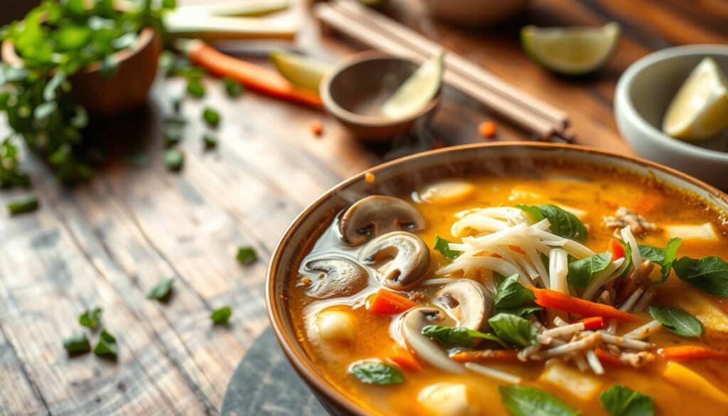 A vibrant and aromatic Thai vegetable soup, the centerpiece of a hearty and nourishing meal. In the foreground, a steaming bowl brimming with an array of fresh, vibrant vegetables - sliced carrots, tender mushrooms, and crisp bean sprouts. In the middle ground, the broth, a golden-hued elixir infused with lemongrass, galangal, and kaffir lime leaves, creating a complex and fragrant base. The background showcases a rustic wooden table, with a scattering of fresh herbs, lime wedges, and perhaps a pair of elegant chopsticks, hinting at the authentic Thai culinary experience. Warm, inviting lighting casts a soft glow, evoking the cozy atmosphere of a family-run Thai eatery. The overall scene captures the essence of a nourishing and comforting Thai vegetable soup, ready to warm the soul.