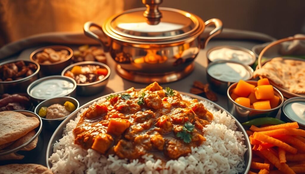 A vibrant and aromatic one-pot Indian lunch spread, bathed in warm, golden light from a high-angled perspective. In the foreground, a hearty vegetarian curry simmers, its rich, fragrant sauce complemented by a bed of fluffy basmati rice. Surrounding the central dish, an assortment of colorful accompaniments - crisp papadums, tangy pickles, cooling raita, and freshly baked naan - create a visually stunning and appetizing display. The middle ground features a polished copper serving vessel, its gleaming surface reflecting the scene. In the background, a subtly patterned textile backdrop adds depth and a touch of traditional Indian elegance, setting the stage for this satisfying and wholesome one-pot meal.