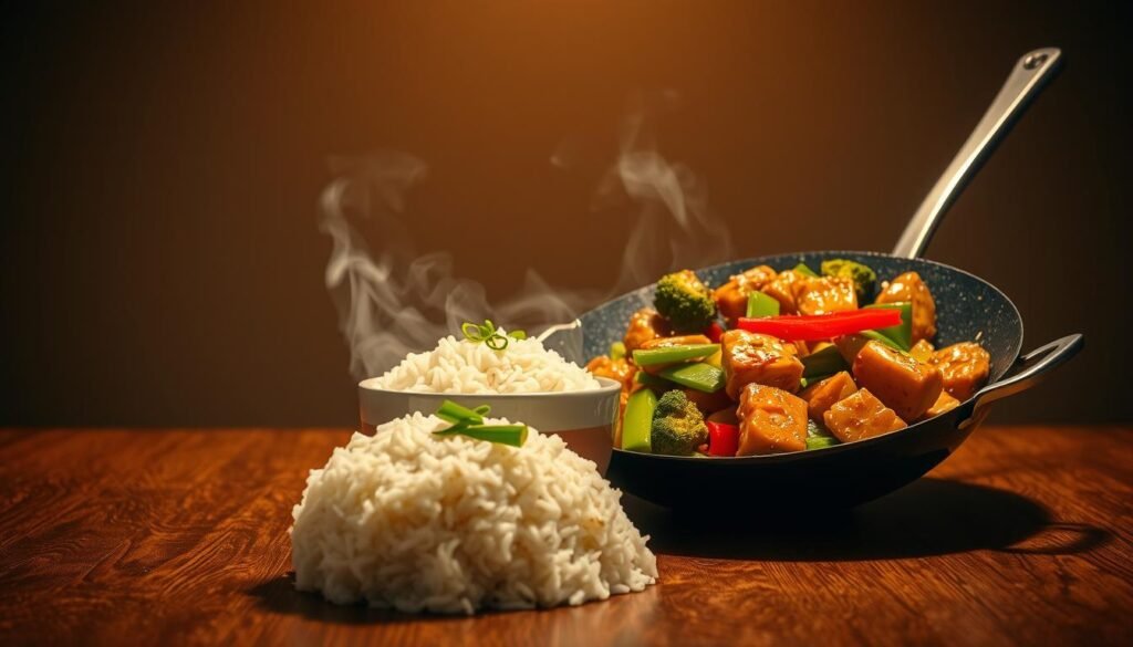 A vibrant and authentic Asian chicken stir-fry scene unfolds on a wooden table, illuminated by soft, warm lighting. In the foreground, succulent chicken pieces sizzle in a wok, accompanied by a medley of crisp vegetables like broccoli, bell peppers, and snow peas. The aromas of ginger, garlic, and soy sauce fill the air, creating a tantalizing atmosphere. In the middle ground, a steaming bowl of fluffy white rice serves as the perfect canvas for the vibrant stir-fry. Garnished with fresh scallions and toasted sesame seeds, the dish exudes an inviting, mouthwatering appeal. The background features a minimalist, yet elegant setting, hinting at the simple yet sophisticated nature of this delectable creation.