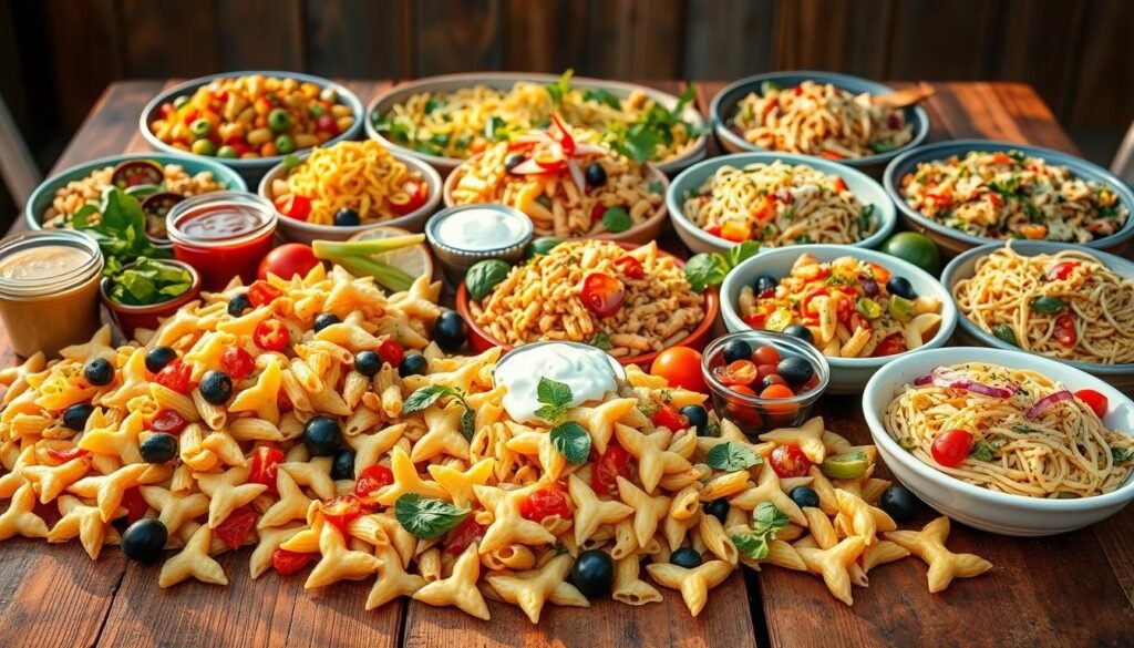 A vibrant and diverse array of international pasta salads arranged artfully on a rustic wooden table. In the foreground, a colorful medley of penne, farfalle, and radiatori tossed with an assortment of fresh vegetables, olives, and herbs. The middle ground features a variety of dressings and dips, from tangy Italian vinaigrette to creamy tzatziki. In the background, an array of global influences shine through, with Middle Eastern fattoush, Thai-inspired vermicelli, and Japanese soba noodle salads. Warm, natural lighting casts a golden glow, evoking the spirit of al fresco dining and summer gatherings. The overall composition is visually striking, inviting the viewer to explore the delightful diversity of international pasta salad traditions. A vibrant and diverse array of international pasta salads arranged artfully on a rustic wooden table. In the foreground, a colorful medley of penne, farfalle, and radiatori tossed with an assortment of fresh vegetables, olives, and herbs. The middle ground features a variety of dressings and dips, from tangy Italian vinaigrette to creamy tzatziki. In the background, an array of global influences shine through, with Middle Eastern fattoush, Thai-inspired vermicelli, and Japanese soba noodle salads. Warm, natural lighting casts a golden glow, evoking the spirit of al fresco dining and summer gatherings. The overall composition is visually striking, inviting the viewer to explore the delightful diversity of international pasta salad traditions.