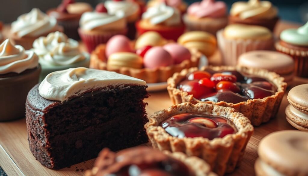 A vibrant and enticing arrangement of dairy-free, gluten-free desserts. In the foreground, a decadent chocolate cake with a rich, fudgy texture, topped with a creamy, dairy-free frosting. Alongside, a delicate tart filled with a tangy, fruity compote, its crumbly, gluten-free crust glistening. In the middle ground, a platter of bite-sized macarons in pastel hues, their shells smooth and glossy. The background features an assortment of other treats, such as fluffy cupcakes and creamy puddings, all crafted with alternative ingredients to accommodate dietary restrictions. Warm, soft lighting illuminates the scene, highlighting the inviting textures and vibrant colors of these allergen-safe desserts.