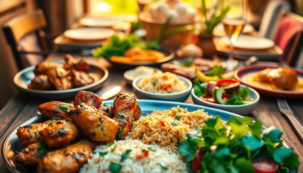 A vibrant and flavorful international chicken dinner scene, illuminated by warm ambient lighting and a soft, diffused focus. In the foreground, a platter showcases a variety of chicken dishes - grilled tandoori chicken, fragrant Thai coconut curry, and juicy Mexican-style lime and cilantro chicken. The middle ground features an assortment of colorful side dishes, such as saffron-infused basmati rice, roasted vegetables, and a fresh garden salad. In the background, a richly textured wooden table, accented with ethnic-inspired tableware and linens, sets the stage for this global culinary adventure. The overall atmosphere is one of comfort, cultural exploration, and summertime delight. A vibrant and flavorful international chicken dinner scene, illuminated by warm ambient lighting and a soft, diffused focus. In the foreground, a platter showcases a variety of chicken dishes - grilled tandoori chicken, fragrant Thai coconut curry, and juicy Mexican-style lime and cilantro chicken. The middle ground features an assortment of colorful side dishes, such as saffron-infused basmati rice, roasted vegetables, and a fresh garden salad. In the background, a richly textured wooden table, accented with ethnic-inspired tableware and linens, sets the stage for this global culinary adventure. The overall atmosphere is one of comfort, cultural exploration, and summertime delight.