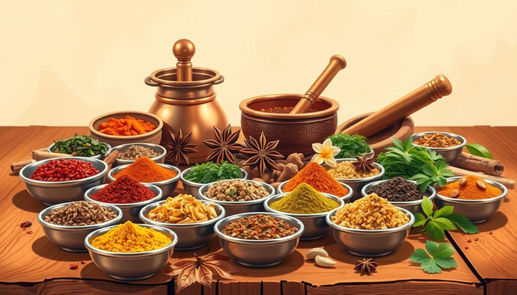 A vibrant and intricately detailed illustration of an assortment of Indian culinary ingredients, spices, and utensils arranged on a warm-toned, rustic wooden surface. The foreground features an array of colorful spices and herbs in small bowls, including turmeric, cumin, coriander, and cardamom. In the middle ground, various cooking tools such as a traditional Indian pestle and mortar, a copper pot, and a few whole spices like cinnamon sticks and star anise are displayed. The background showcases a soft, diffused lighting that casts gentle shadows, creating a cozy and inviting atmosphere that evokes the essence of Indian cuisine. The composition is balanced and visually appealing, encouraging the viewer to explore and familiarize themselves with the rich language of Indian culinary traditions. A vibrant and intricately detailed illustration of an assortment of Indian culinary ingredients, spices, and utensils arranged on a warm-toned, rustic wooden surface. The foreground features an array of colorful spices and herbs in small bowls, including turmeric, cumin, coriander, and cardamom. In the middle ground, various cooking tools such as a traditional Indian pestle and mortar, a copper pot, and a few whole spices like cinnamon sticks and star anise are displayed. The background showcases a soft, diffused lighting that casts gentle shadows, creating a cozy and inviting atmosphere that evokes the essence of Indian cuisine. The composition is balanced and visually appealing, encouraging the viewer to explore and familiarize themselves with the rich language of Indian culinary traditions.