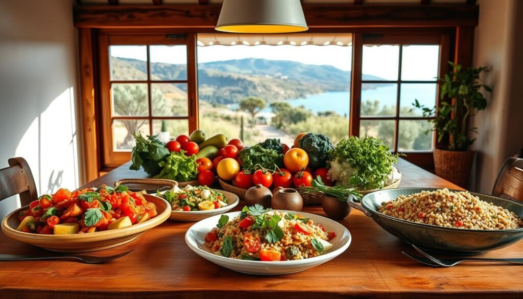 A vibrant and inviting Mediterranean-style dinner scene. In the foreground, a wooden table is set with a variety of colorful, plant-based dishes - a hearty vegetable ratatouille, a crisp Greek salad, and a fragrant quinoa pilaf. Earthy tones and natural textures abound, complemented by the warm, soft lighting from a pendant lamp overhead. In the middle ground, a display of fresh produce - ripe tomatoes, leafy greens, and fragrant herbs - suggests the wholesome, homemade nature of the meal. The background features a window overlooking a picturesque Mediterranean landscape, with rolling hills, olive trees, and a hint of the azure sea in the distance, conveying a sense of tranquility and al fresco dining. The overall atmosphere is one of vibrant, nourishing simplicity.