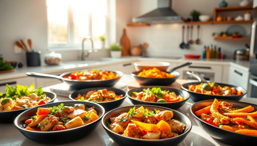 A vibrant and inviting kitchen scene, brightly lit with warm natural light streaming in from a large window. In the foreground, a collection of colorful, freshly prepared one-pan meals, each dish a delectable arrangement of ingredients - sizzling proteins, crisp vegetables, and aromatic herbs. The middle ground showcases various cooking tools and utensils, hinting at the ease and speed of preparation. In the background, a minimalist kitchen interior with clean lines and a neutral color palette, creating a sense of simplicity and efficiency. The overall mood is one of quick, wholesome, and visually appealing lunches, perfect for breaking the monotony of the boring sandwich.