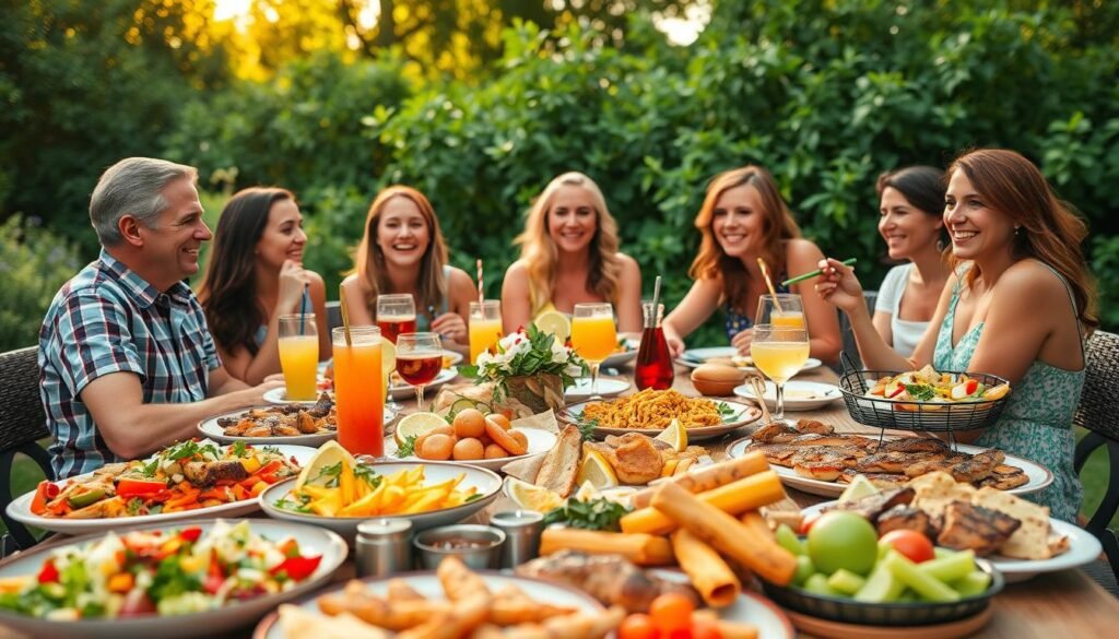 A vibrant and inviting outdoor gathering, with a table adorned with an abundance of delectable summer dishes. In the foreground, a variety of appetizing food items, such as colorful salads, grilled meats, and refreshing drinks, are artfully arranged, beckoning the viewer to indulge. The middle ground features a group of friends and family members, their expressions filled with joy and satisfaction as they savor the flavors and enjoy each other's company. In the background, a lush, verdant setting with a warm, golden-hour lighting casts a serene and welcoming atmosphere, evoking the essence of a perfect summer gathering.