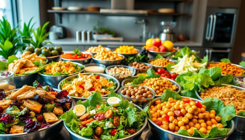 A vibrant and inviting salad bar scene, featuring an array of delectable and nutritious side dishes. In the foreground, a selection of colorful mixed greens, crisp vegetables, and tantalizing protein-rich toppings like grilled chicken, hard-boiled eggs, and roasted chickpeas. The middle ground showcases a variety of fresh-cut fruits, crunchy nuts, and flavorful dressings, all arranged artfully in sleek stainless steel bowls. In the background, a modern, well-lit kitchen setting with gleaming appliances and a minimalist, natural-toned color palette, evoking a sense of health and wellness. The overall scene exudes a sophisticated, yet approachable atmosphere, enticing the viewer to indulge in a satisfying and nutritious culinary experience.