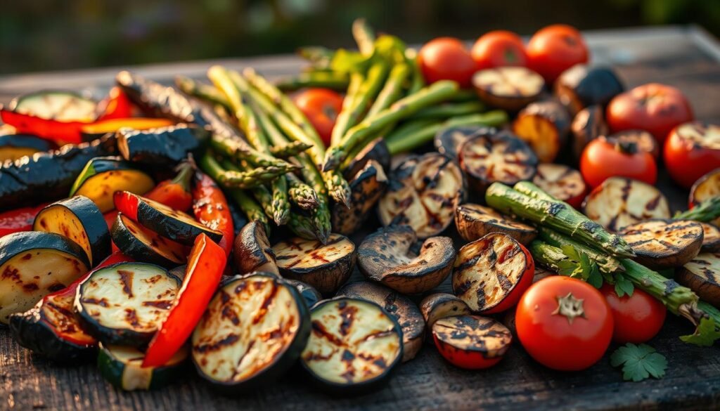 A vibrant and mouthwatering arrangement of grilled vegetarian showstoppers, featuring an array of colorful vegetables sizzling on a rustic wooden surface. The foreground showcases perfectly charred zucchini, bell peppers, and eggplant slices, their caramelized edges glistening under warm, golden-hour lighting. In the middle ground, a medley of grilled asparagus, portobello mushrooms, and halved tomatoes add depth and texture to the scene. The background is softly blurred, allowing the vibrant hues of the vegetables to take center stage. The overall composition evokes a sense of summer abundance, healthy indulgence, and the irresistible aroma of a vegetarian feast.
