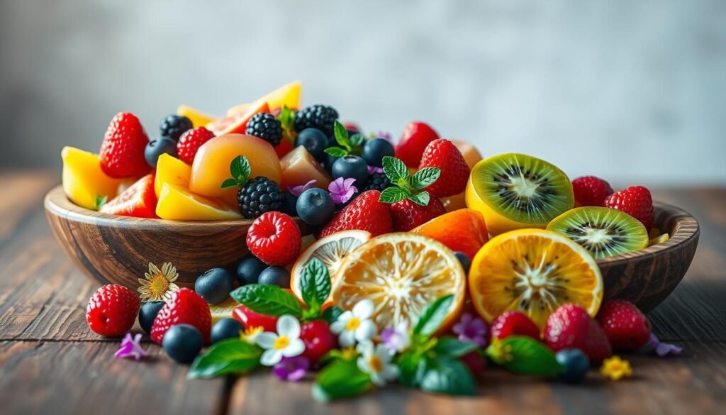 A vibrant and mouthwatering still life of a fresh fruit salad, artfully arranged on a wooden table. In the foreground, a variety of juicy berries, sliced kiwi, and fragrant citrus fruits spill out of a rustic wooden bowl, their colors and textures creating a captivating visual feast. The middle ground features a scattering of mint leaves and edible flowers, adding pops of green and delicate accents. In the background, a soft, hazy light illuminates the scene, evoking a sense of warmth and natural harmony. The overall composition is balanced and inviting, showcasing the beauty and appeal of a delightful fruit salad that would be a delicious addition to any healthy, flavorful meal.