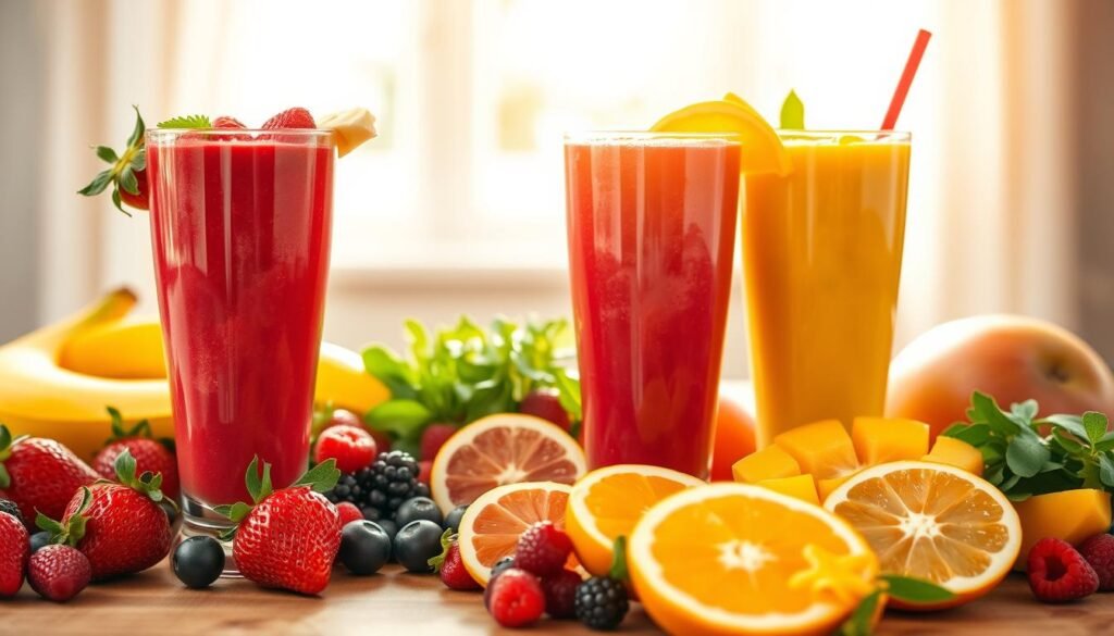 A vibrant and refreshing scene of summer smoothies, featuring an array of fresh, ripe fruits. In the foreground, a set of tall glasses brimming with colorful blends - ruby red strawberry, creamy banana, and tangy mango. Plump, juicy fruits spill out from the glasses, their lush textures and vibrant hues creating a visually enticing display. In the middle ground, a wooden table is adorned with sliced citrus, berries, and leafy greens, hinting at the natural ingredients used in these healthy concoctions. Warm, golden sunlight filters through a window, casting a soft, inviting glow over the scene. The overall mood is one of bright, summery freshness, perfectly capturing the essence of indulgent yet nourishing blended beverages.