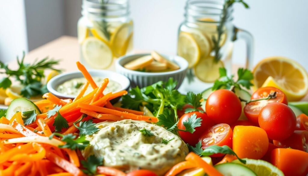 A vibrant and zesty selection of fresh, light side dishes. In the foreground, a platter of crisp, colorful vegetables - julienned carrots, sliced cucumbers, and juicy cherry tomatoes, dressed in a tangy lemon-herb vinaigrette. In the middle ground, a bowl of creamy avocado-lime dip, sprinkled with fragrant cilantro. In the background, a glass jar filled with a refreshing, sparkling water infused with thin lemon slices and sprigs of rosemary. The scene is bathed in soft, natural lighting, captured with a wide-angle lens to emphasize the depth and balance of the composition. The overall mood is one of lightness, vibrancy, and an appetite-whetting presentation of healthy, flavorful side dish options.
