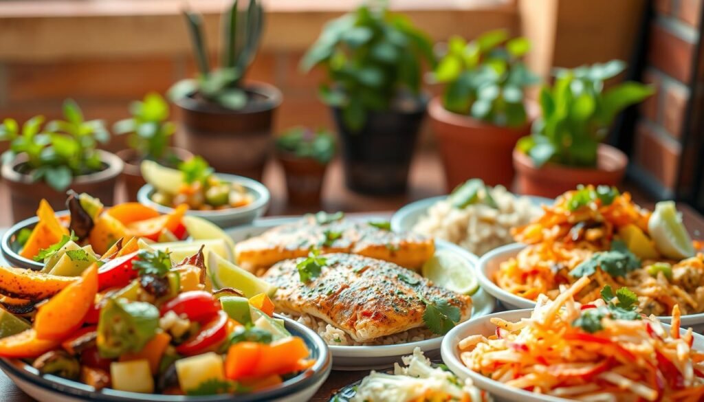 A vibrant, appetizing array of colorful Mexican dishes set against a softly blurred background. In the foreground, a selection of healthy sides such as grilled vegetables, avocado salsa, and a crisp jicama slaw, all bathed in warm, natural lighting. The middle ground features a main dish of seared fish or lean chicken, seasoned with zesty spices and served with a side of fragrant cilantro-lime rice. The background hints at a rustic, hacienda-style setting, with terracotta tiles and verdant potted plants. An inviting, mouth-watering scene that captures the essence of balanced, flavorful Mexican cuisine. A vibrant, appetizing array of colorful Mexican dishes set against a softly blurred background. In the foreground, a selection of healthy sides such as grilled vegetables, avocado salsa, and a crisp jicama slaw, all bathed in warm, natural lighting. The middle ground features a main dish of seared fish or lean chicken, seasoned with zesty spices and served with a side of fragrant cilantro-lime rice. The background hints at a rustic, hacienda-style setting, with terracotta tiles and verdant potted plants. An inviting, mouth-watering scene that captures the essence of balanced, flavorful Mexican cuisine.